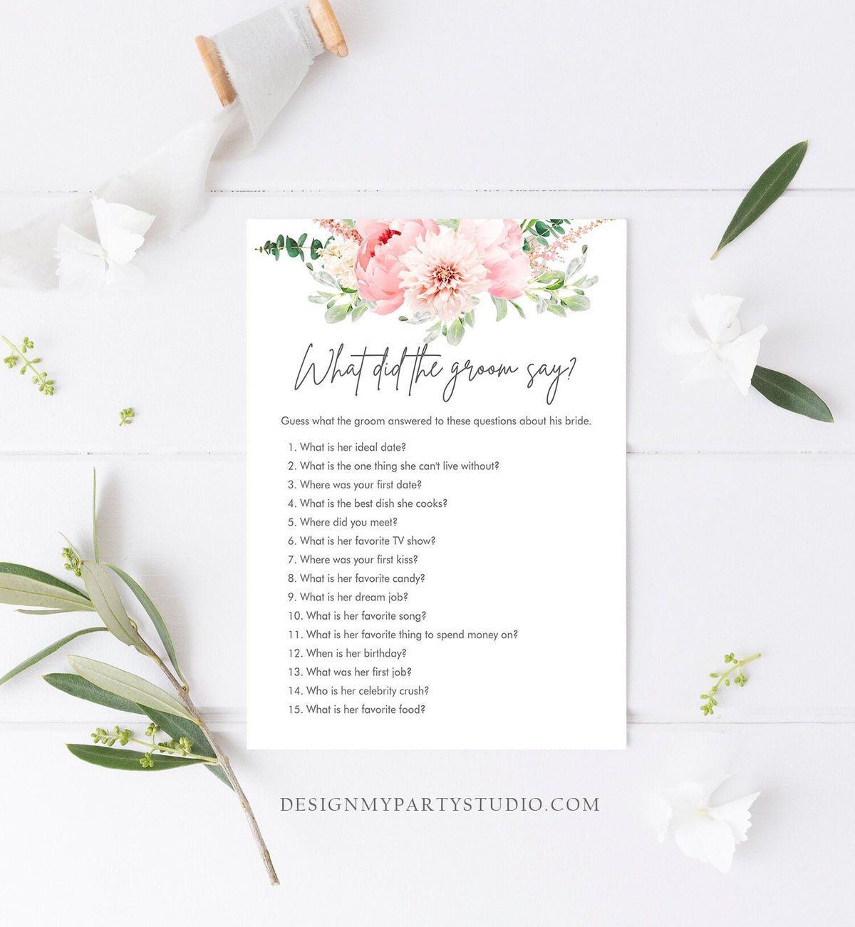 Editable What Did The Groom Say Bridal Shower Game Botanical Flowers Floral Game Pink Peony Greenery What Did He Said Corjl Template 0167