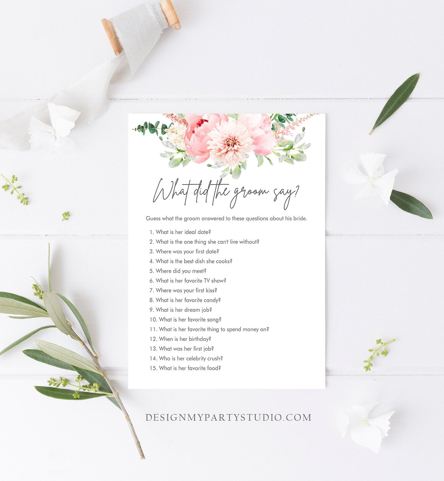 Editable What Did The Groom Say Bridal Shower Game Botanical Flowers Floral Game Pink Peony Greenery What Did He Said Corjl Template 0167