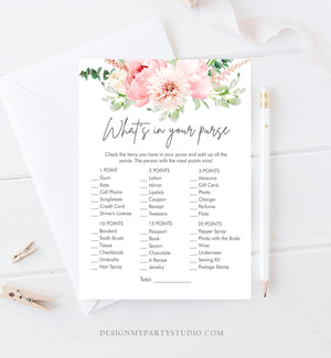 Editable What's in Your Purse Bridal Shower Game Botanical Flowers Floral Pink Peony Greenery Whats Download Corjl Template Printable 0167