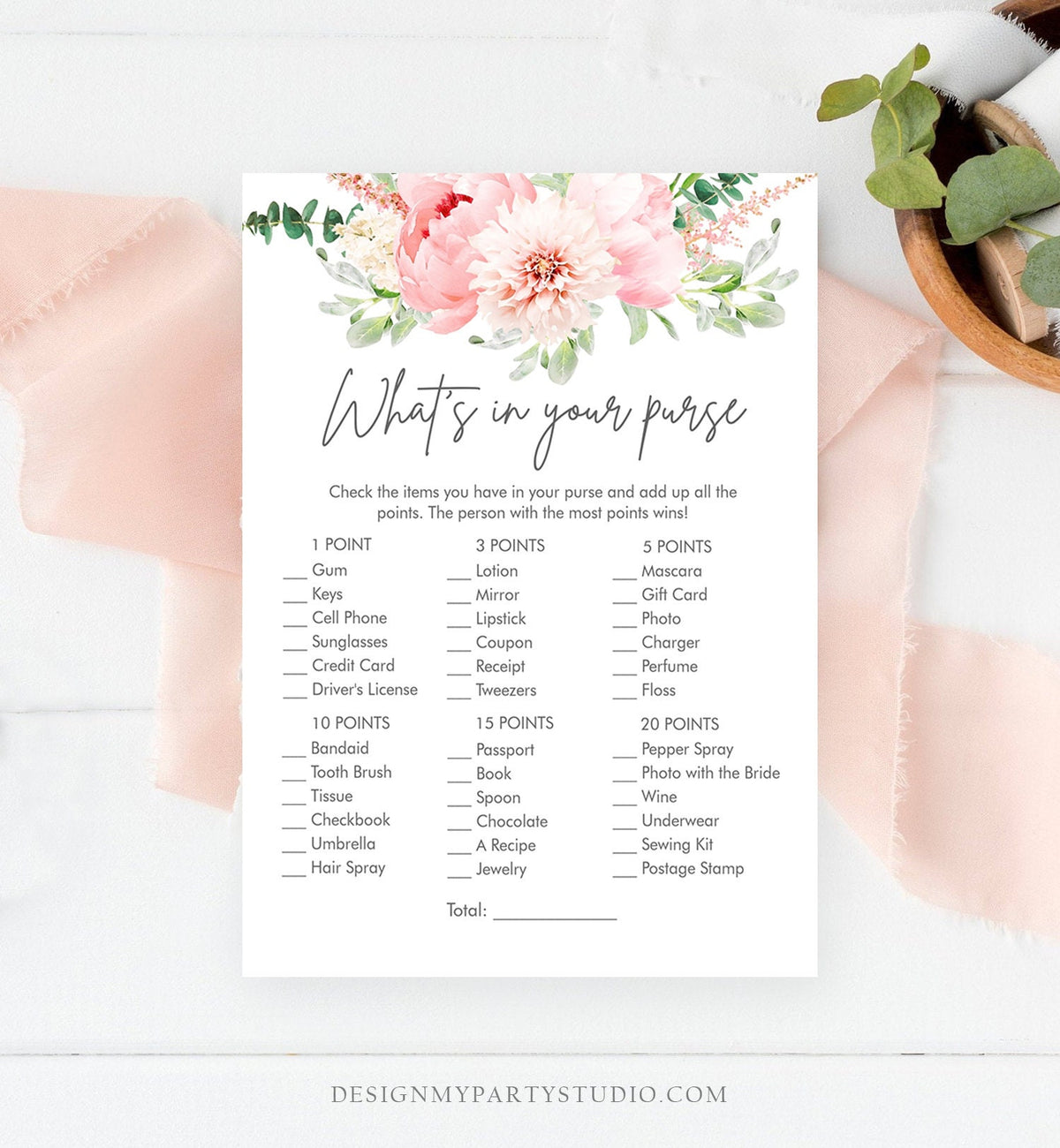 Editable What&#39;s in Your Purse Bridal Shower Game Botanical Flowers Floral Pink Peony Greenery Whats Download Corjl Template Printable 0167