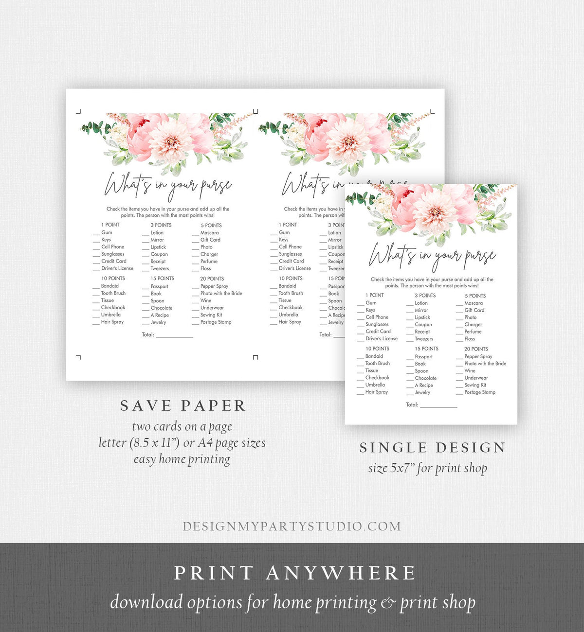 Editable What&#39;s in Your Purse Bridal Shower Game Botanical Flowers Floral Pink Peony Greenery Whats Download Corjl Template Printable 0167