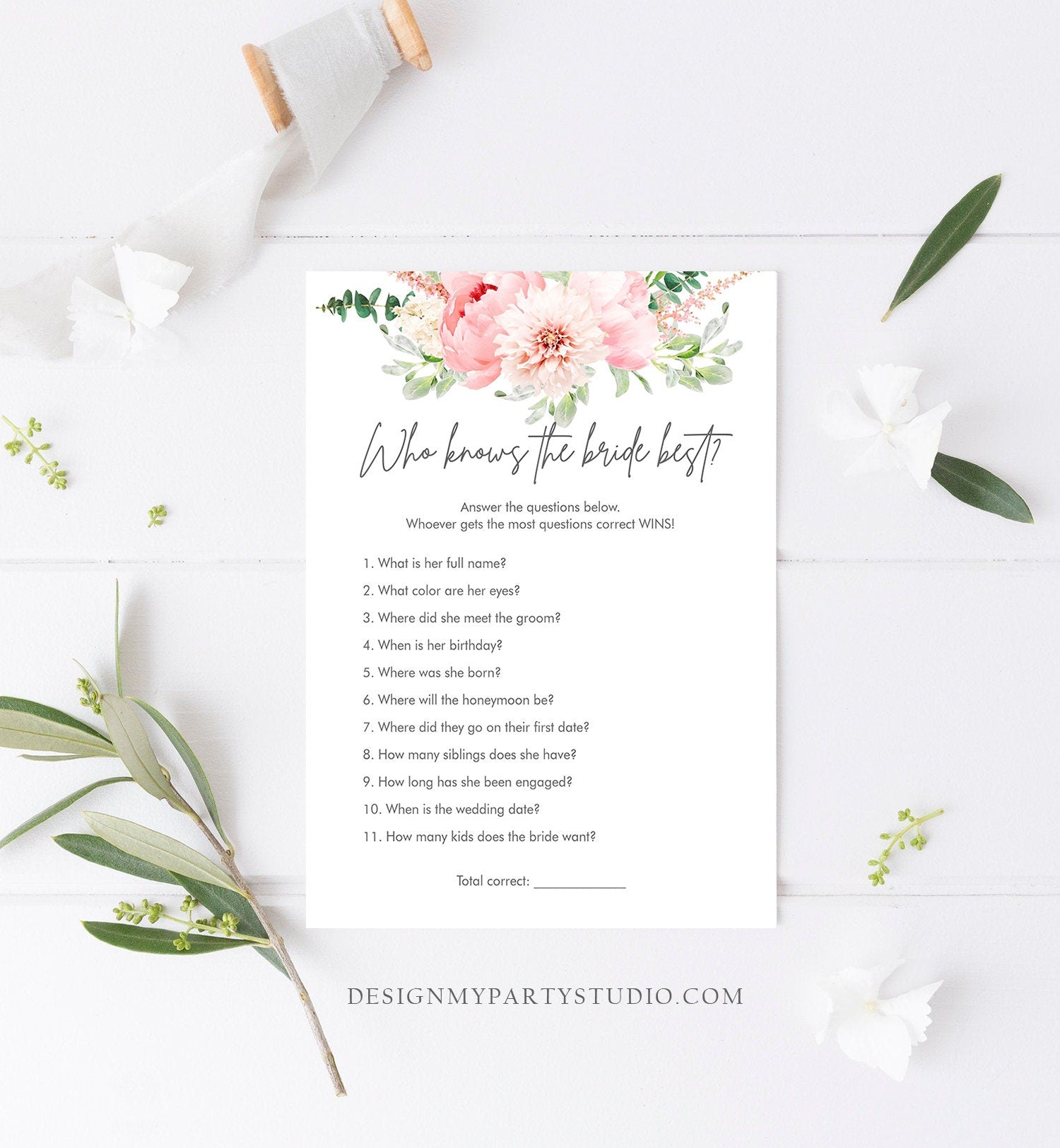 Editable Who Know the Bride Best Bridal Shower Game Botanical Flowers Floral Game Pink Peony Greenery Download Corjl Template Printable 0167