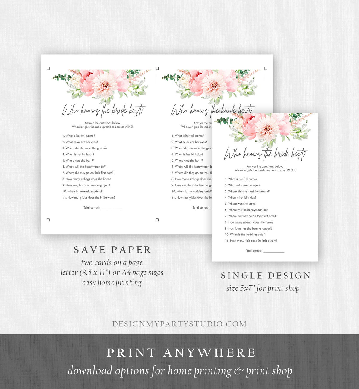 Editable Who Know the Bride Best Bridal Shower Game Botanical Flowers Floral Game Pink Peony Greenery Download Corjl Template Printable 0167
