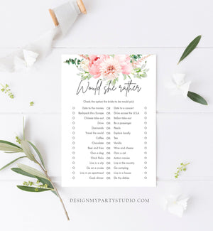 Editable Would She Rather Bridal Shower Game Botanical Flowers Floral Pink Peony Greenery Digital Download Corjl Template Printable 0167