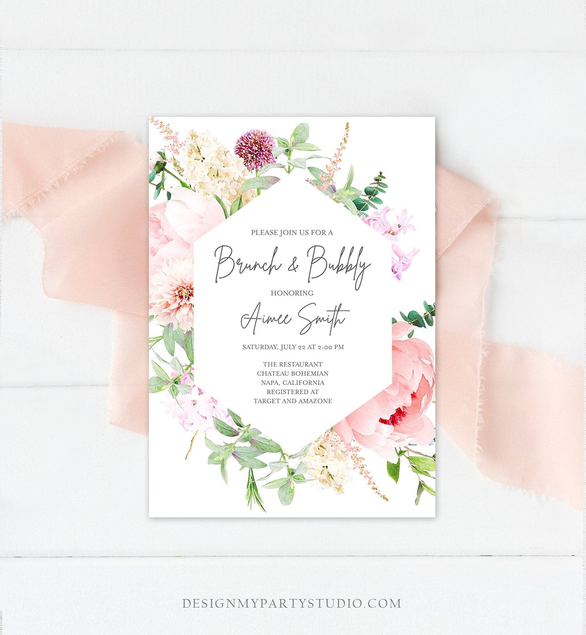 Editable Brunch and Bubbly Bridal Shower Invitation Botanical Flowers Floral Greenery Wedding Pastel Pink Peony Corjl Template 0167