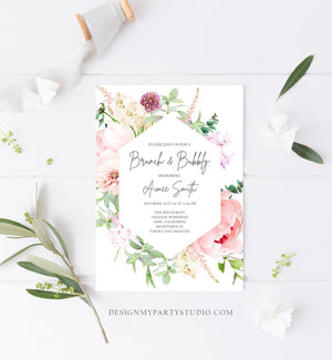 Editable Brunch and Bubbly Bridal Shower Invitation Botanical Flowers Floral Greenery Wedding Pastel Pink Peony Corjl Template 0167