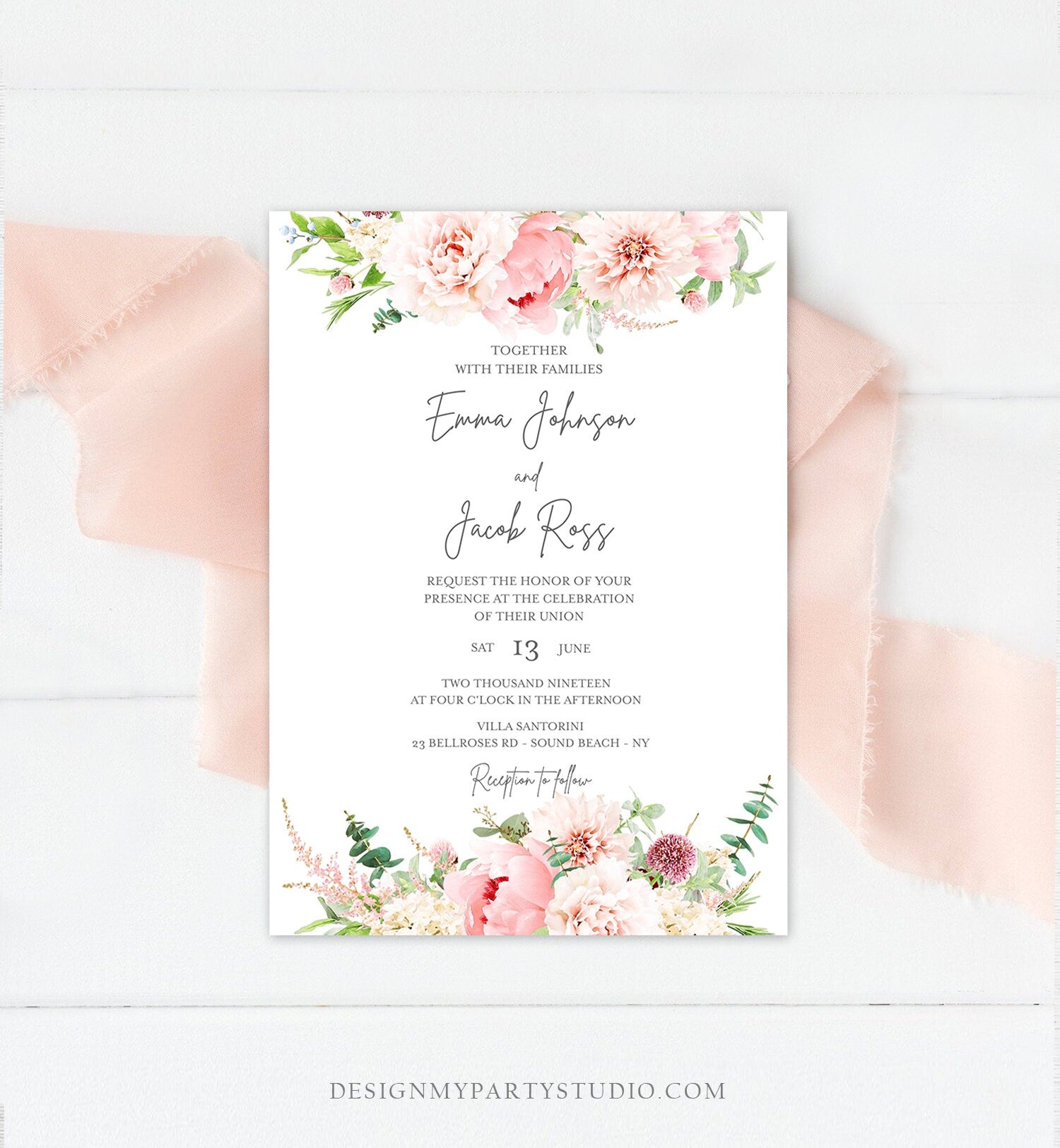 Editable Botanical Flowers Wedding Invitation Floral Greenery Bridal Shower Pastel Pink Peony Colors Digital Corjl Template Printable 0167