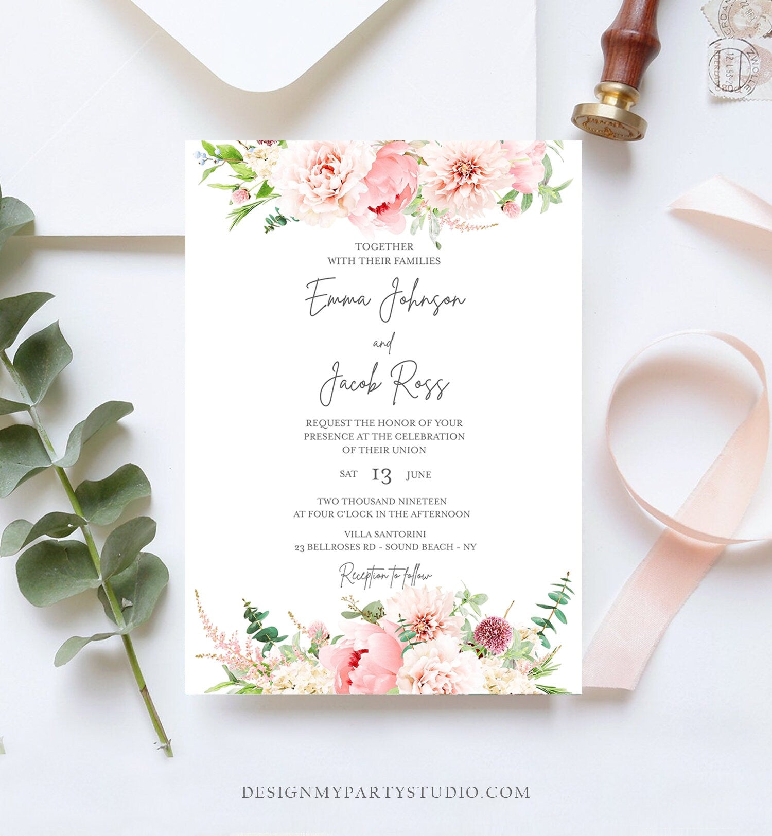 Editable Botanical Flowers Wedding Invitation Floral Greenery Bridal Shower Pastel Pink Peony Colors Digital Corjl Template Printable 0167