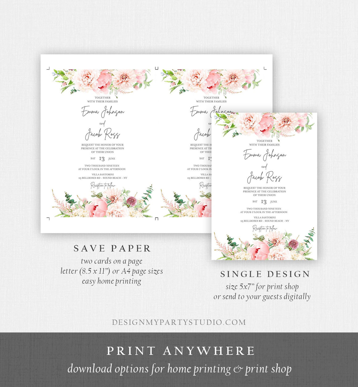 Editable Botanical Flowers Wedding Invitation Floral Greenery Bridal Shower Pastel Pink Peony Colors Digital Corjl Template Printable 0167