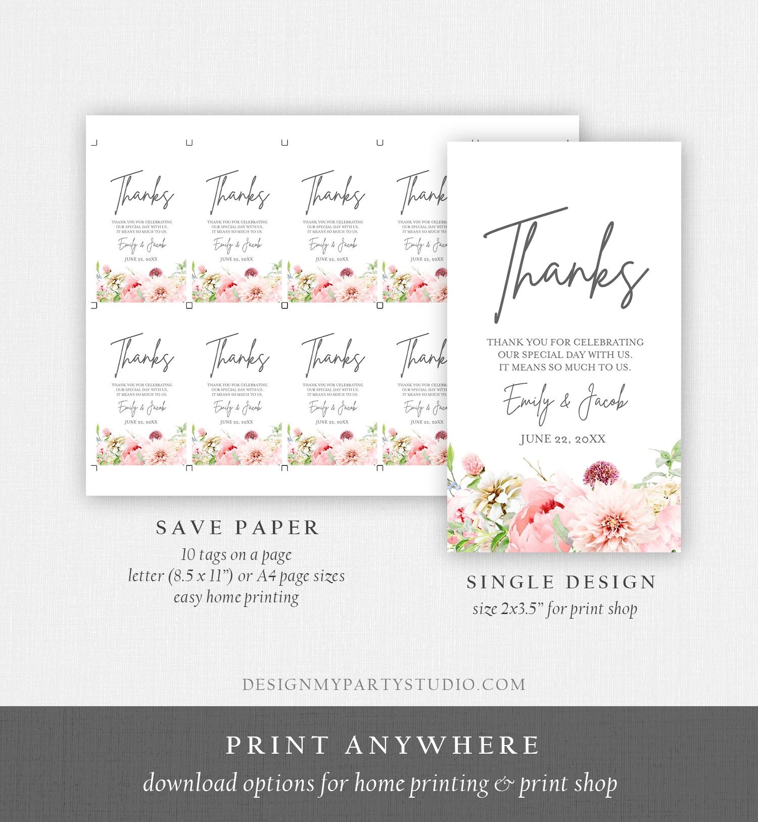 Editable Botanical Flowers Favor Tag Thank You Tags Bridal Shower Wedding Pink Flowers Foliage Greenery Peony Corjl Template Printable 0167