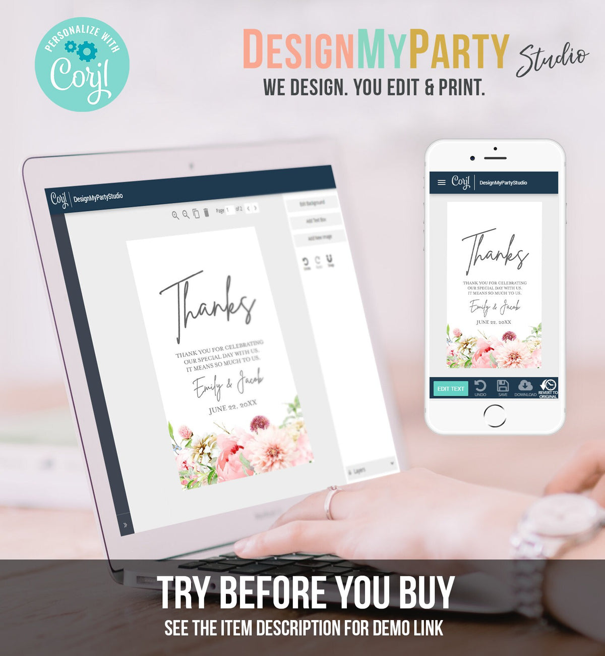 Editable Botanical Flowers Favor Tag Thank You Tags Bridal Shower Wedding Pink Flowers Foliage Greenery Peony Corjl Template Printable 0167