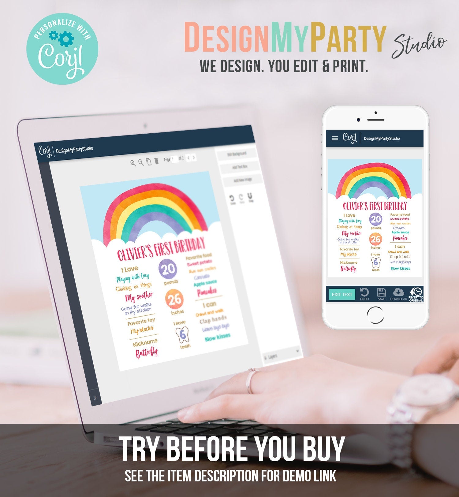 Editable Rainbow Birthday Milestones Sign Boy First Birthday 1st Colorful Clouds Over the Rainbow Fun Download Corjl Template Printable 0272