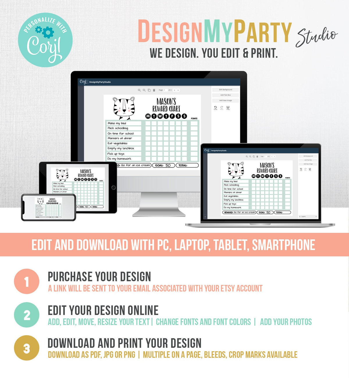 Editable Tiger Reward Chart for Boys Printable Animal Chore Chart for Kids Chores Girl Routine Chart Homeschool Template Corjl 0039