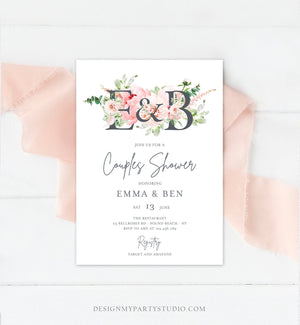 Editable Monogram Botanical Flowers Bridal Shower Invitation Floral Greenery Couples Pastel Pink Peony Corjl Template Printable  0167
