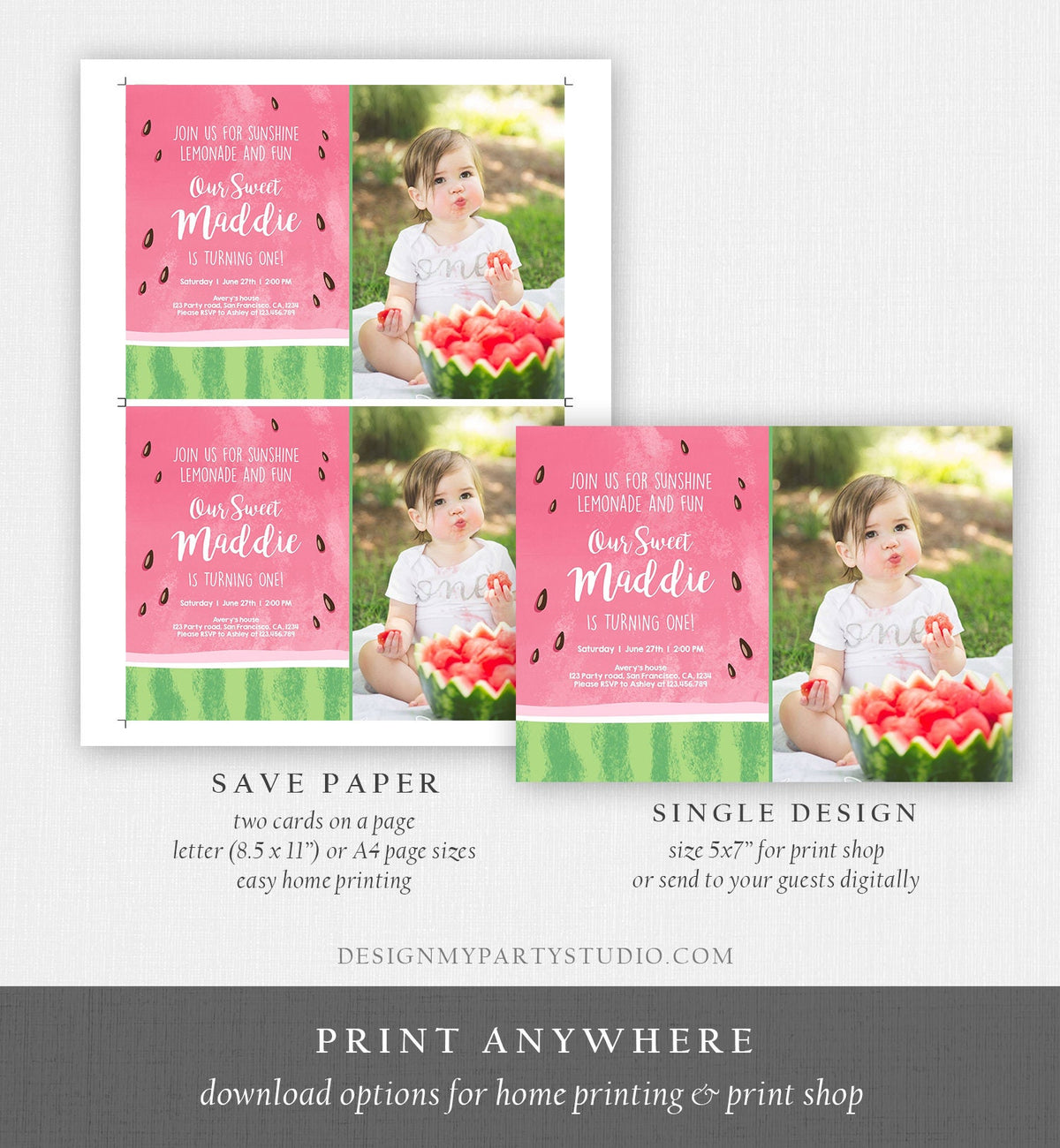 Editable Watermelon Birthday Invitation One in a Melon Invite Melon Party Summer Lemonade Download Printable Template Digital Corjl 0250