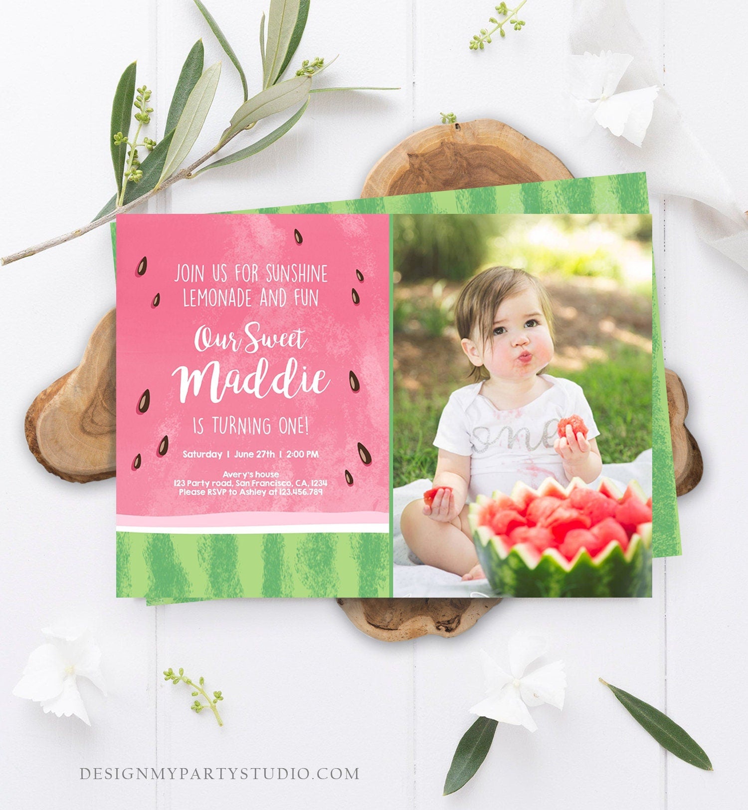 Editable Watermelon Birthday Invitation One in a Melon Invite Melon Party Summer Lemonade Download Printable Template Digital Corjl 0250