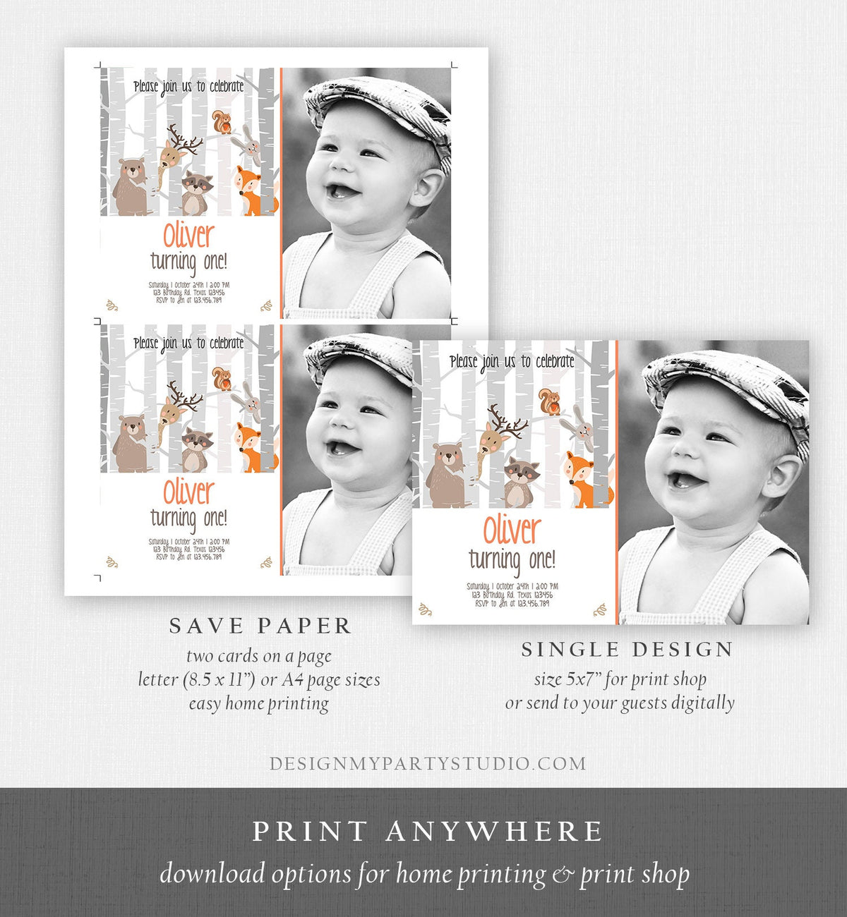 Editable Birthday Invitation Woodland First Birthday Forest Animals Bear Fox Birch Trees Simple Boy Download Printable Template Corjl 0010