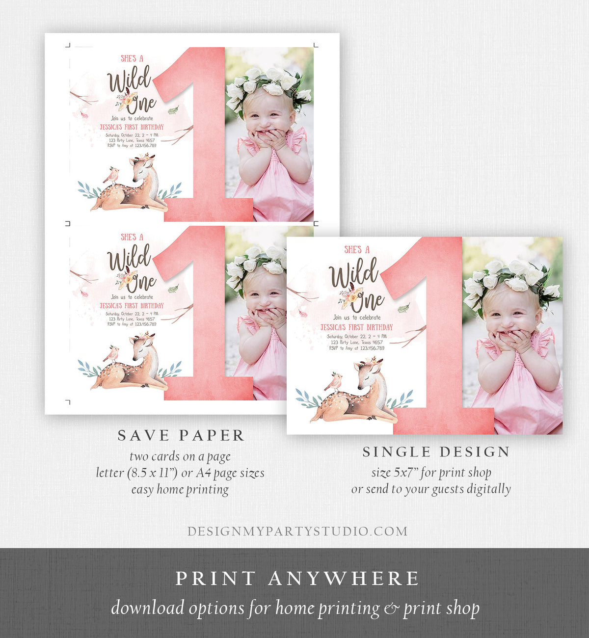 Editable Birthday Invitation Wild One Girl Invite Tribal Boho Arrow Feathers Deer Woodland Pink Download Printable Template Corjl 0192