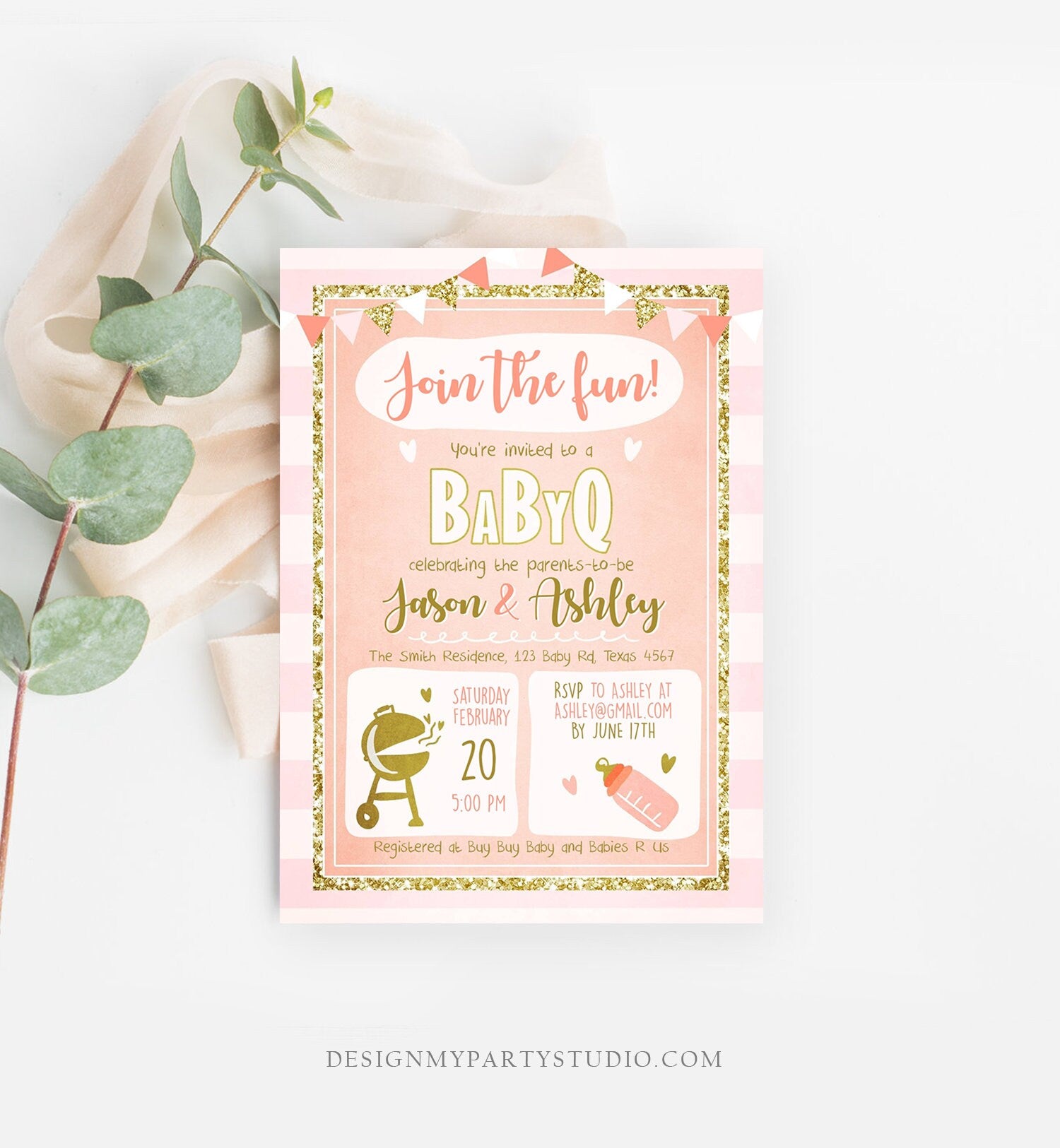 Editable BabyQ Invitation Baby Shower Coed Shower BBQ Pink Gold Barbecue Party Girl Baby Shower Download Printable Template Corjl 0242