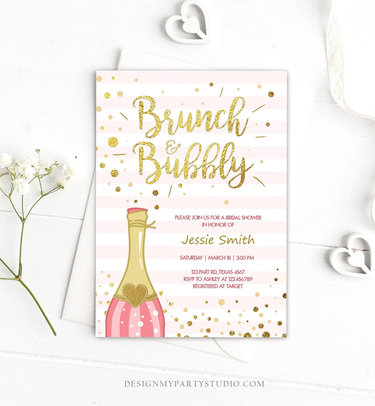 Editable Brunch and Bubbly Bridal Shower Invitation Champagne Bottle Pink and Gold Wedding Download Printable Template Digital Corjl 0051