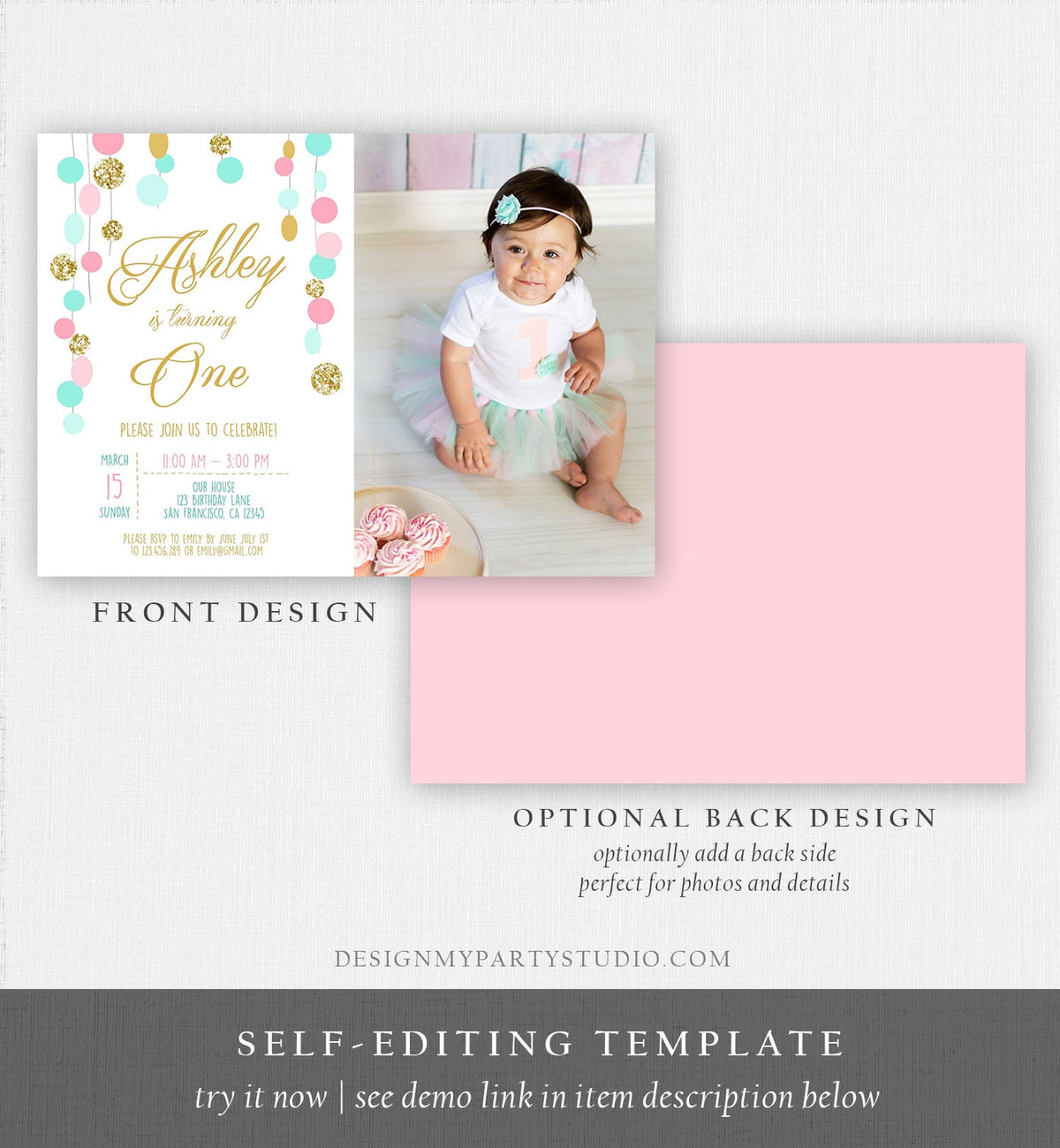 Editable Birthday Invitation Girl Confetti Pink Mint Gold First Birthday 1st Birthday Simple Printable Invite Template Corjl Digital 0245
