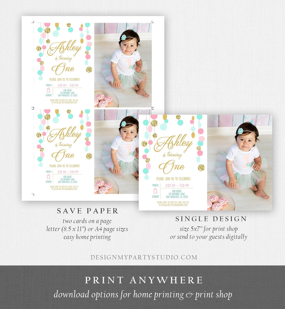 Editable Birthday Invitation Girl Confetti Pink Mint Gold First Birthday 1st Birthday Simple Printable Invite Template Corjl Digital 0245