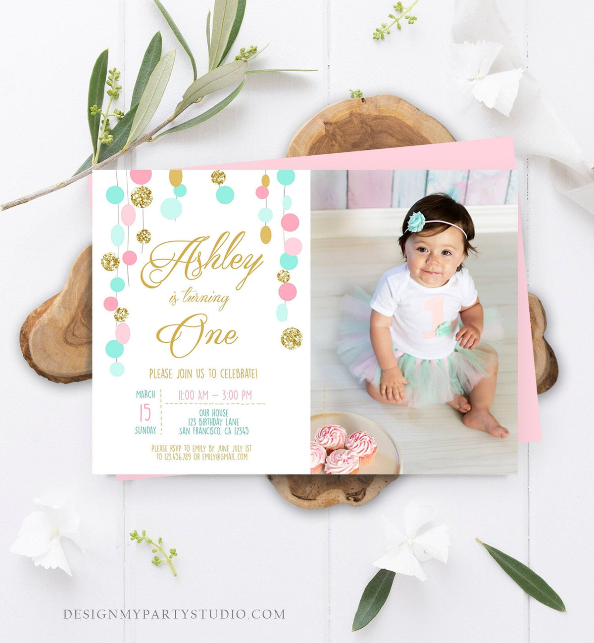 Editable Birthday Invitation Girl Confetti Pink Mint Gold First Birthday 1st Birthday Simple Printable Invite Template Corjl Digital 0245