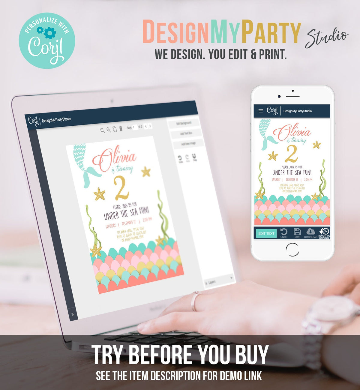 Editable Mermaid Birthday Invitation First Birthday Under The Sea Girl Coral and Gold Starfish Download Printable Invite Template Corjl 0021