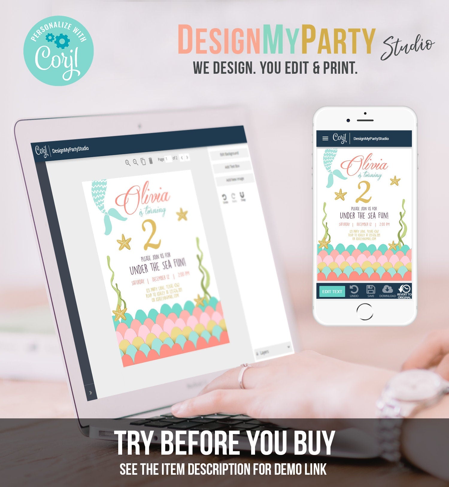 Editable Mermaid Birthday Invitation First Birthday Under The Sea Girl Coral and Gold Starfish Download Printable Invite Template Corjl 0021