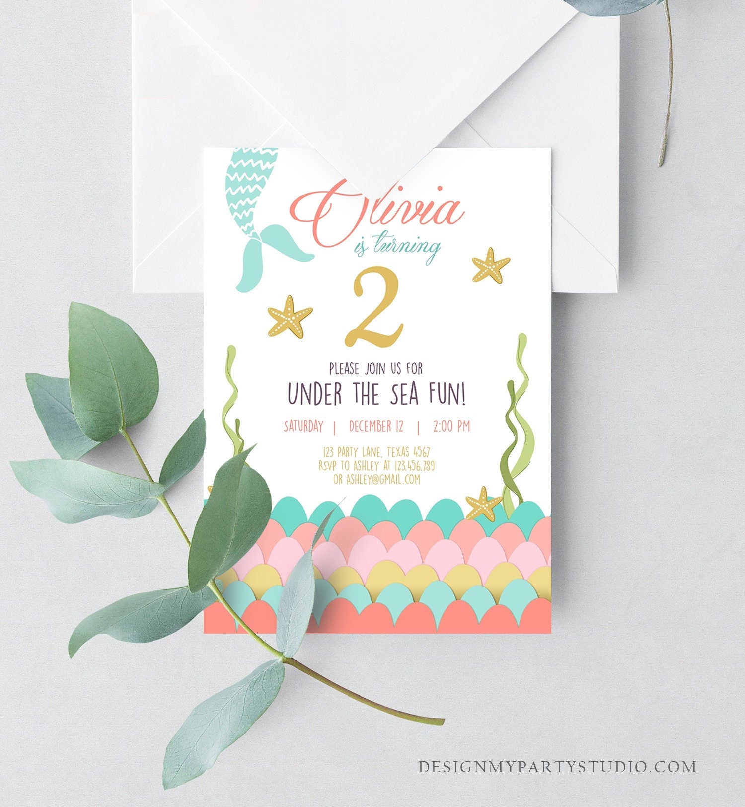 Editable Mermaid Birthday Invitation First Birthday Under The Sea Girl Coral and Gold Starfish Download Printable Invite Template Corjl 0021