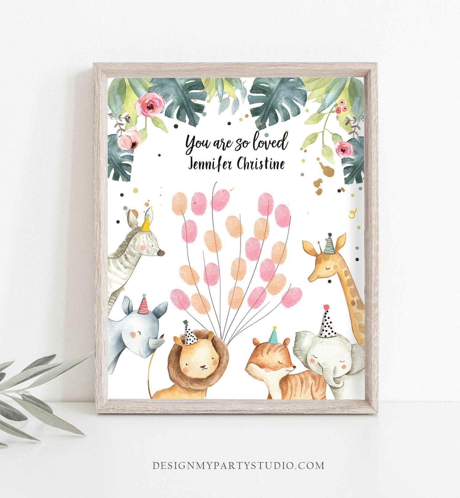 Editable Safari Animals Baby Shower Fingerprint Guestbook Thumbprint Guest Book Tree Jungle Wild One Gold Girl Corjl Template Printable 0163
