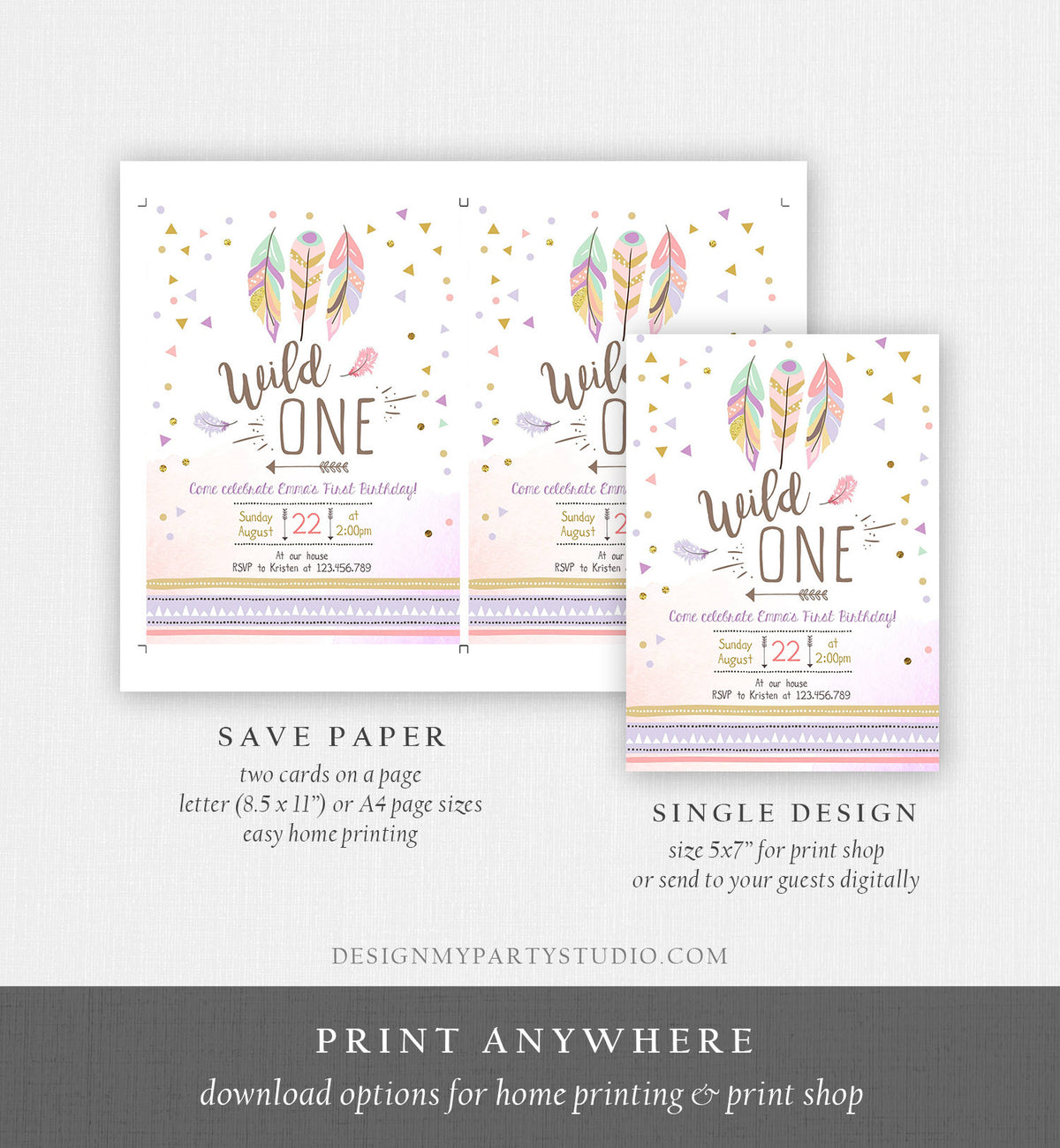 Editable Birthday Invitation Wild One Girl Invite Tribal Boho Arrow Feathers Pink Purple Download Printable Template Digital Corjl 0073