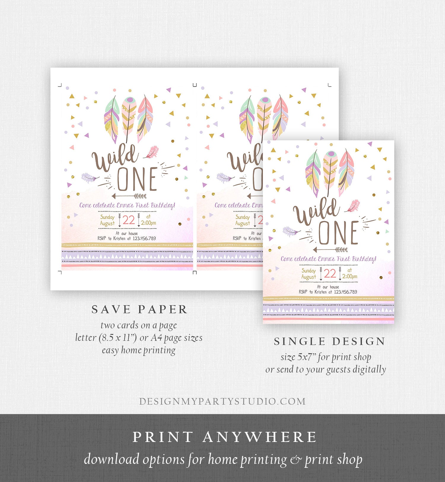 Editable Birthday Invitation Wild One Girl Invite Tribal Boho Arrow Feathers Pink Purple Download Printable Template Digital Corjl 0073