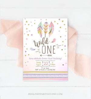 Editable Birthday Invitation Wild One Girl Invite Tribal Boho Arrow Feathers Pink Purple Download Printable Template Digital Corjl 0073