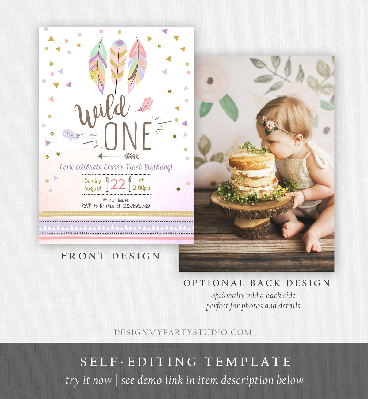 Editable Birthday Invitation Wild One Girl Invite Tribal Boho Arrow Feathers Pink Purple Download Printable Template Digital Corjl 0073