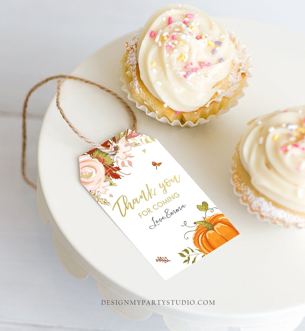 Editable Pumpkin Favor Tags Thank You Tag Fall In Love Bridal Shower Autumn Floral Flowers Pink Gold Orange Rustic Corjl Template 0176