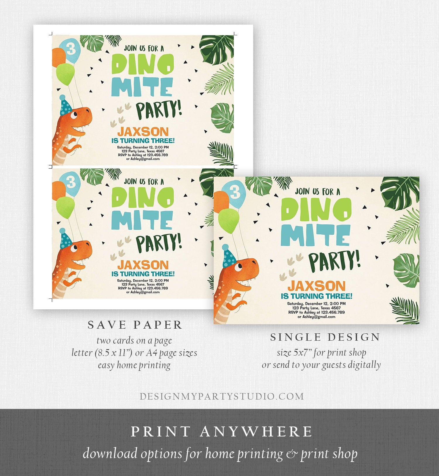 Editable Dinosaur Birthday Invitation Dino mite T-Rex Dig Party Prehistoric Boy Dino Fossil Download Printable Invite Template Corjl 0074