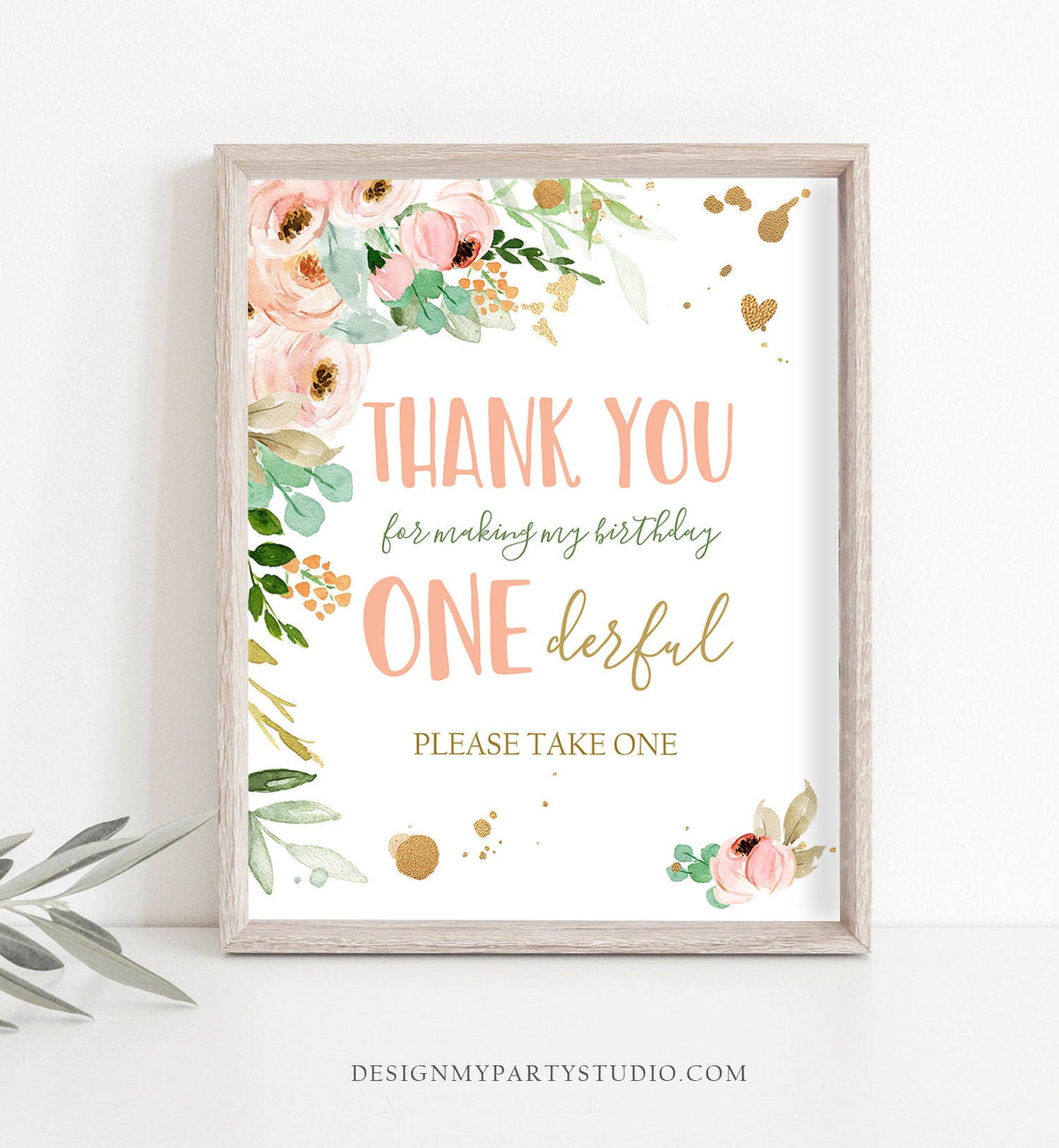 Thank you Sign Miss Onederful Birthday Party Flowers Blush Pink Gold Peonies Favors Table Sign Decorations Instant Download PRINTABLE 0147