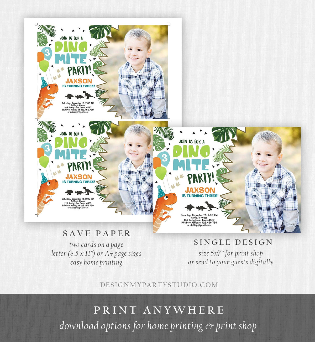 Editable Dinosaur Birthday Invitation Dino mite T-Rex Dig Party Prehistoric Boy Dino Fossil Download Printable Invite Template Corjl 0074