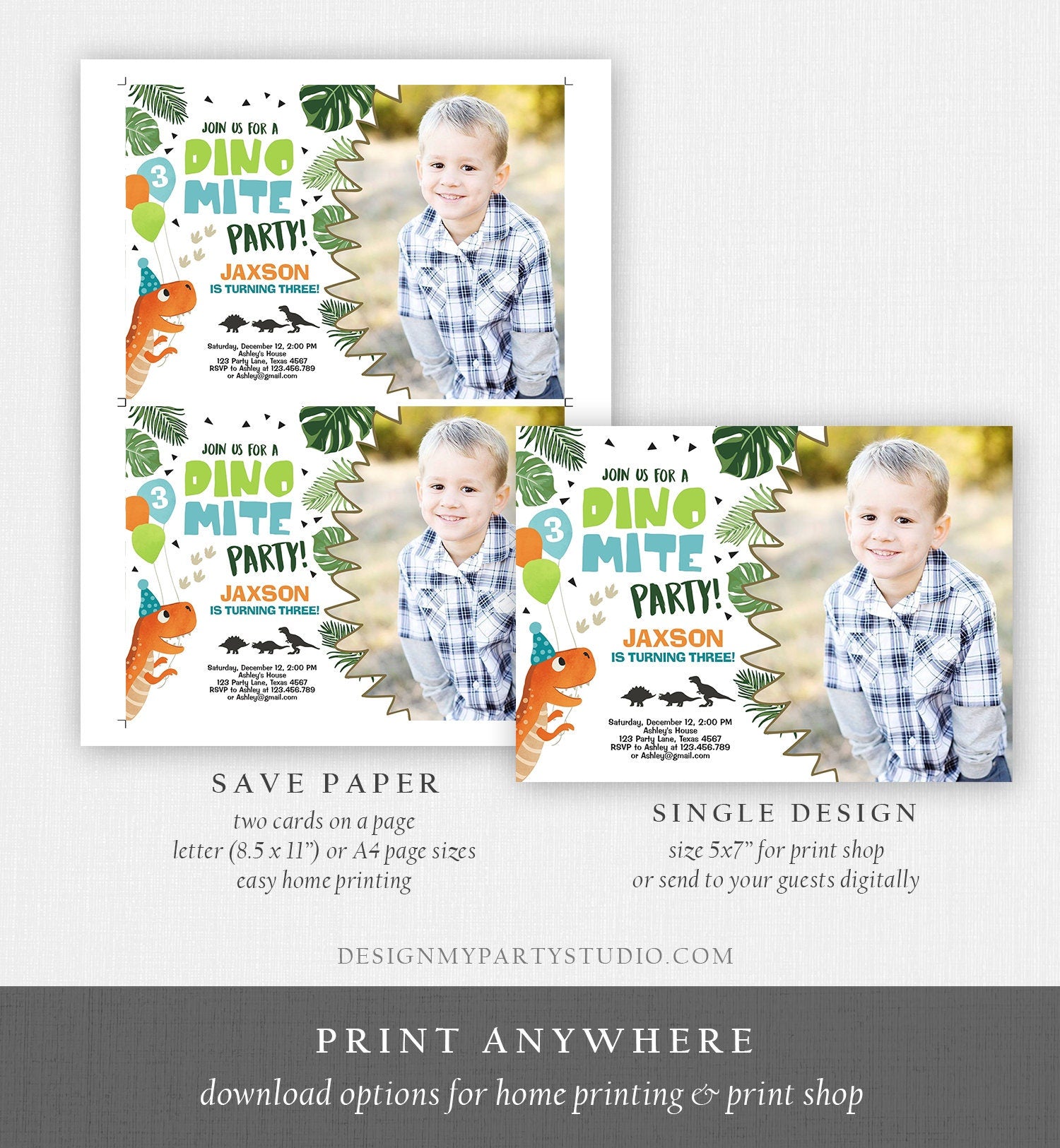 Editable Dinosaur Birthday Invitation Dino mite T-Rex Dig Party Prehistoric Boy Dino Fossil Download Printable Invite Template Corjl 0074