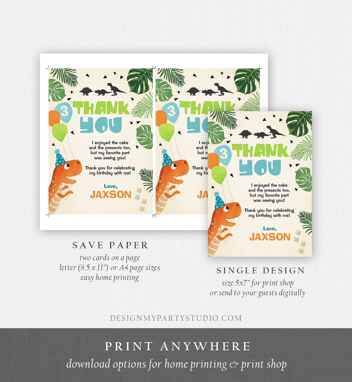 Editable Dinosaur Thank you Card Dino Birthday Dino Mite Prehistoric T-Rex ROAR Boy Dig Party Dino Dig Template Instant Download Corjl 0074