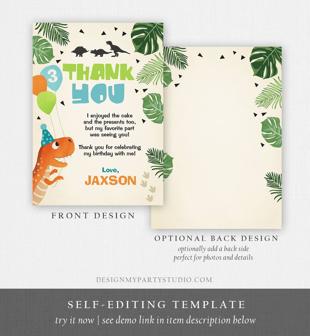 Editable Dinosaur Thank you Card Dino Birthday Dino Mite Prehistoric T-Rex ROAR Boy Dig Party Dino Dig Template Instant Download Corjl 0074