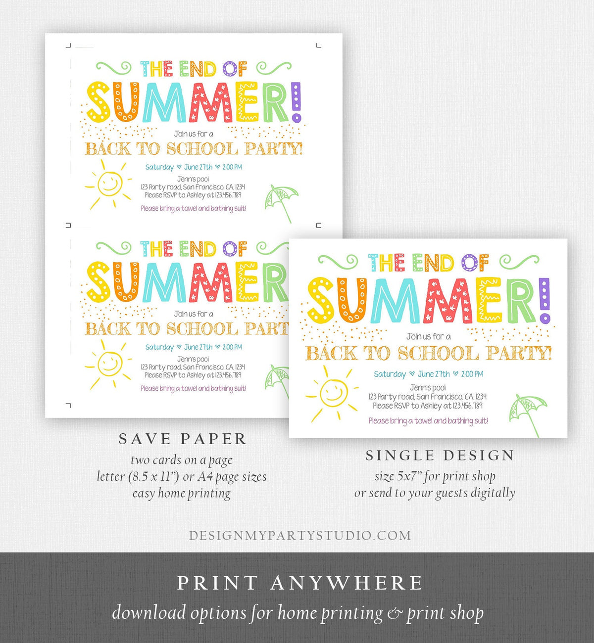 Editable End Of The Summer Pool Party Invitation Back to School Splish Splash Birthday Swimming Download Corjl Template Printable 0156