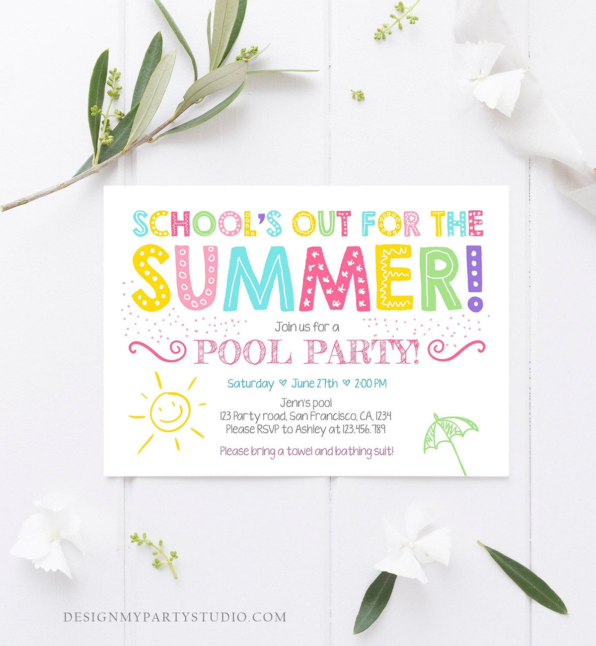 Editable School&#39;s Out For The Summer Pool Party Invitation Pink Girl Splish Splash Birthday Swimming Download Corjl Template Printable 0156