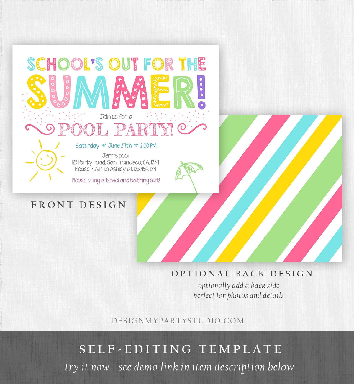 Editable School&#39;s Out For The Summer Pool Party Invitation Pink Girl Splish Splash Birthday Swimming Download Corjl Template Printable 0156