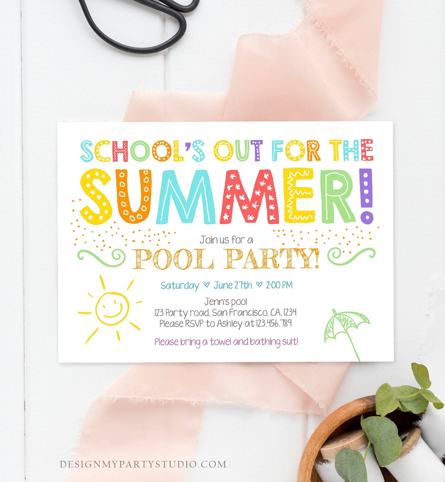 Editable School's Out For The Summer Pool Party Invitation Pink Girl Splish Splash Birthday Swimming Download Corjl Template Printable 0156