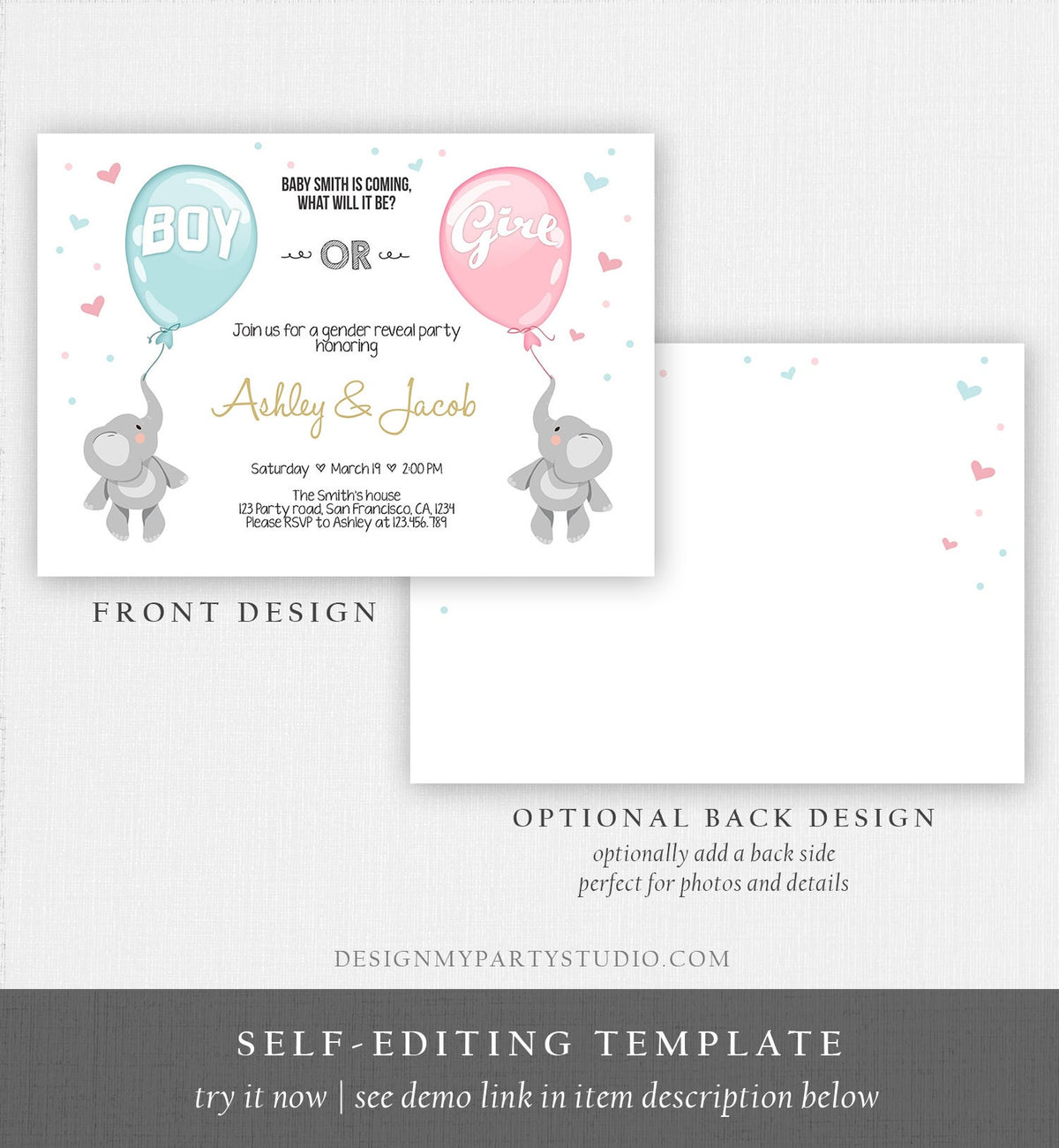 Editable Gender Reveal Invitation Elephants Boy or Girl Blue or Pink He or She Cute Elephant Hearts Download Printable Template Corjl 0037