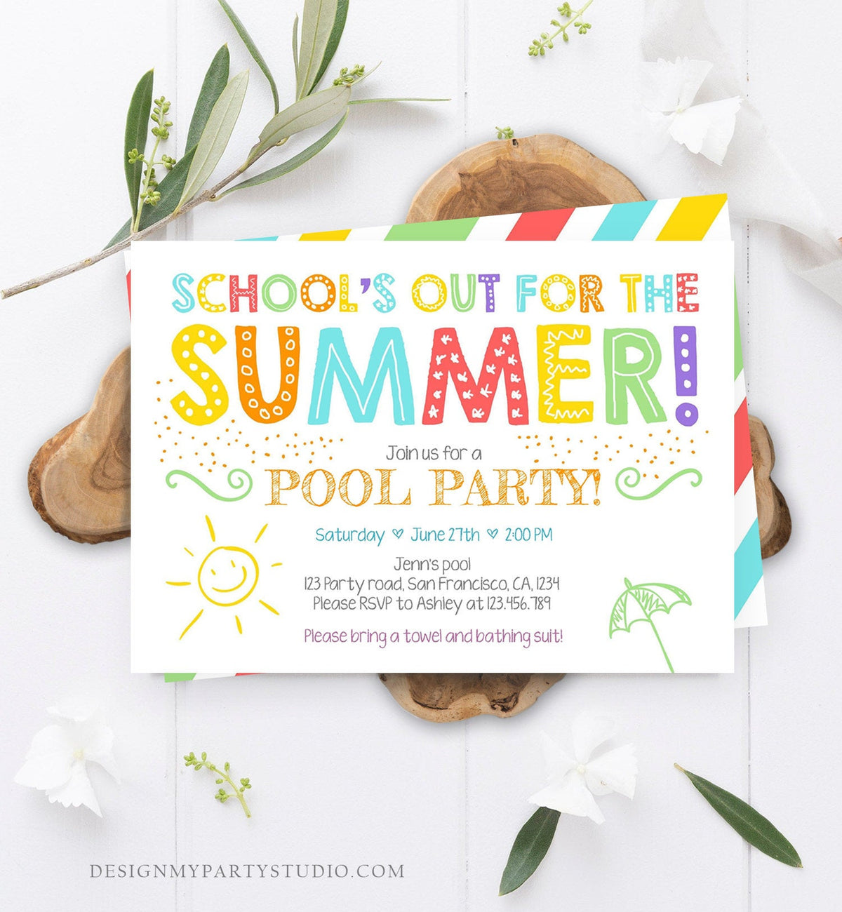 Editable School&#39;s Out For The Summer Pool Party Invitation Pink Girl Splish Splash Birthday Swimming Download Corjl Template Printable 0156