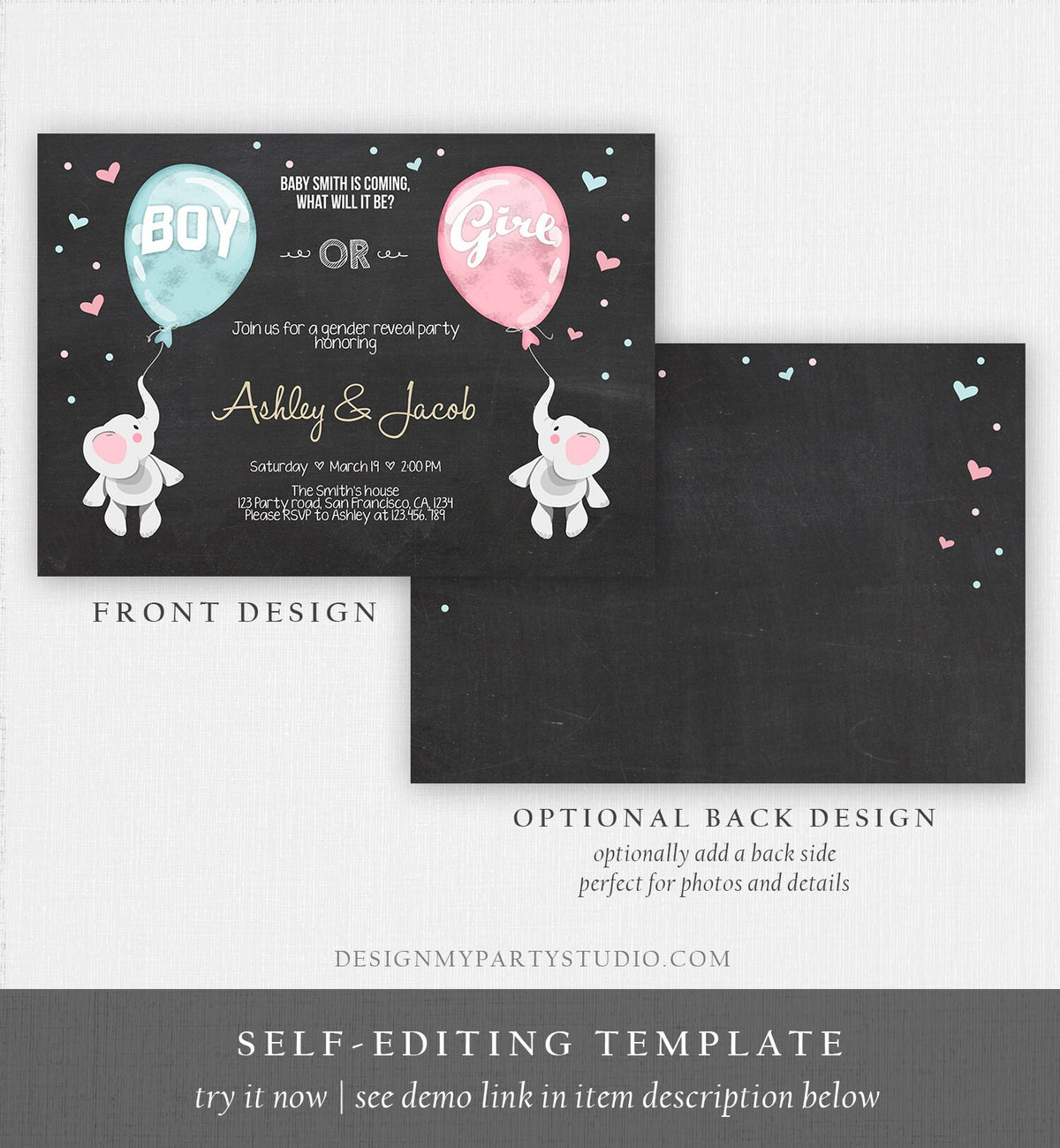 Editable Gender Reveal Invitation Elephants Boy or Girl Blue or Pink He or She Cute Elephant Hearts Download Printable Template Corjl 0037