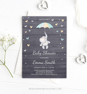 Editable Elephant Baby Shower Invitation Cute Boy Shower Invite Blue Little Peanut Umbrella Invitations Template Download Digital Corjl 0037